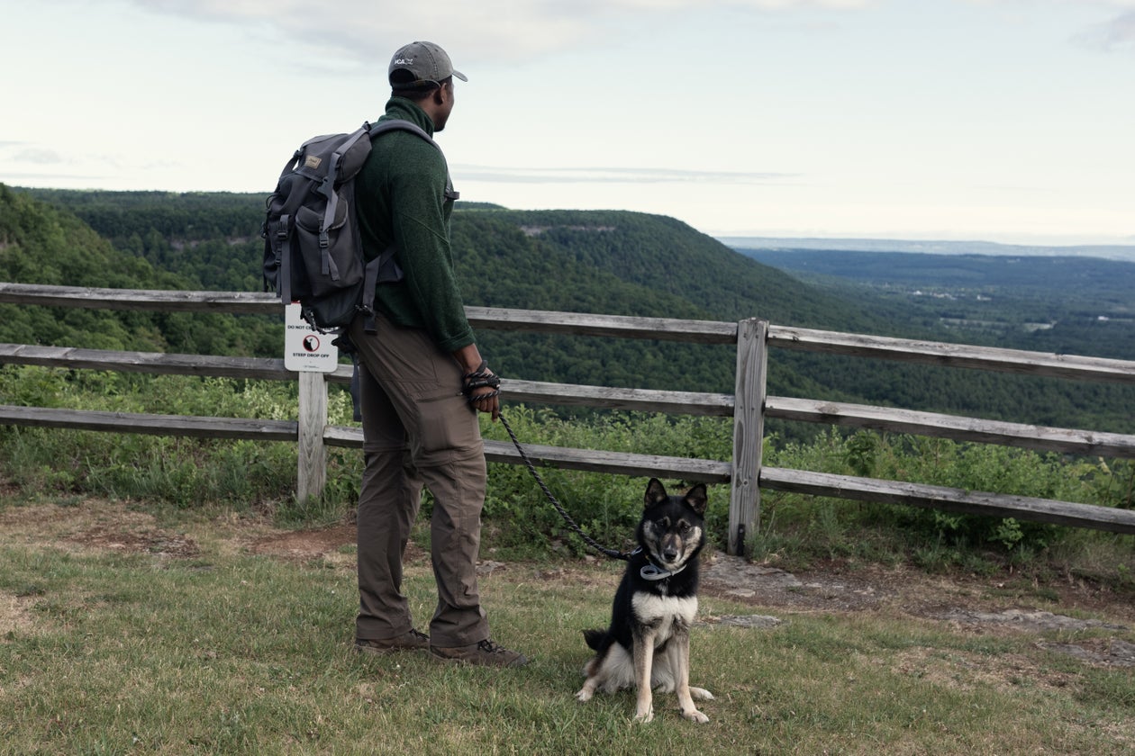 Hiker with a backpack and dog taking in a sweeping countryside overlook